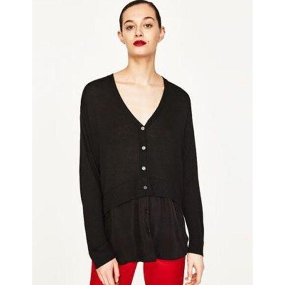 Zara Knit Contrasting V Neck Black Button Down Cashmere Blend Cardigan Sweater S - Picture 1 of 9